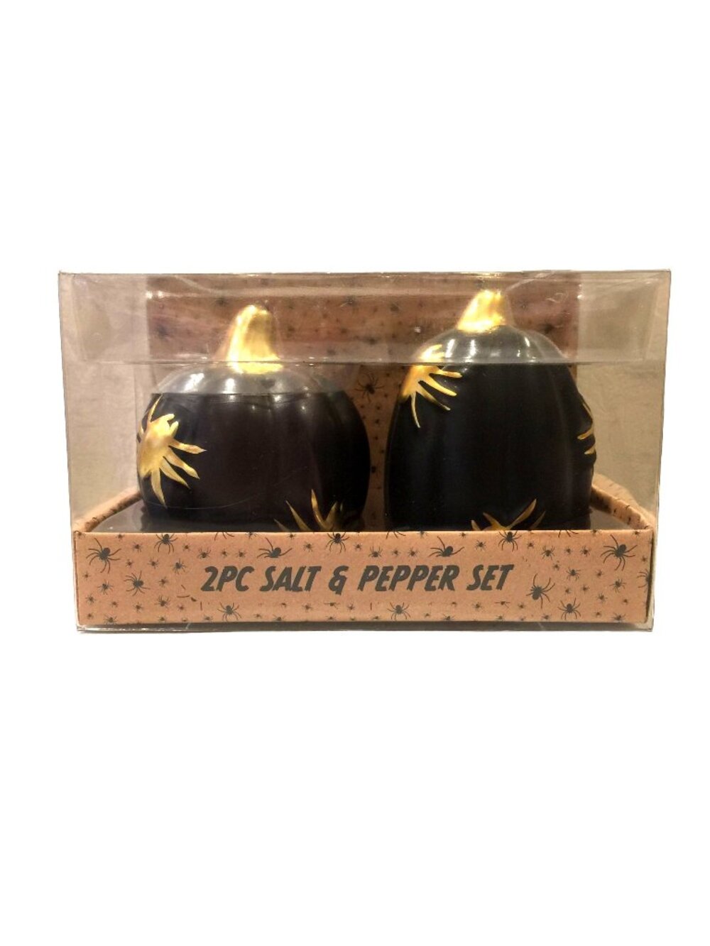 Halloween Black Pumpkin Gold Spiders Stem Ceramic 3" Salt & Pepper Shakers